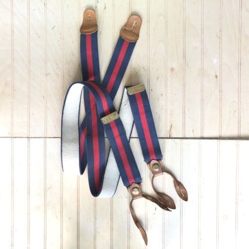LL Bean Men Large Suspenders Leather Button Tabs Blue Red Striped Elastic