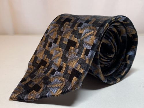 Jhane Barnes Platinum Men’s Tie 100% Fine Silk Black Blue Bronze Original Fabric