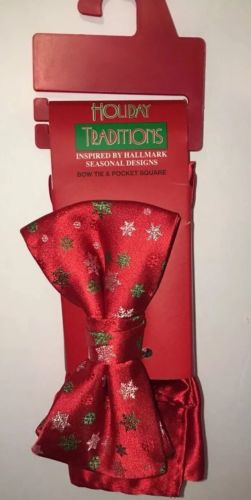 Men's Christmas Snowflake Bow-tie & Pocket Square Set Hallmark Holiday Red Green