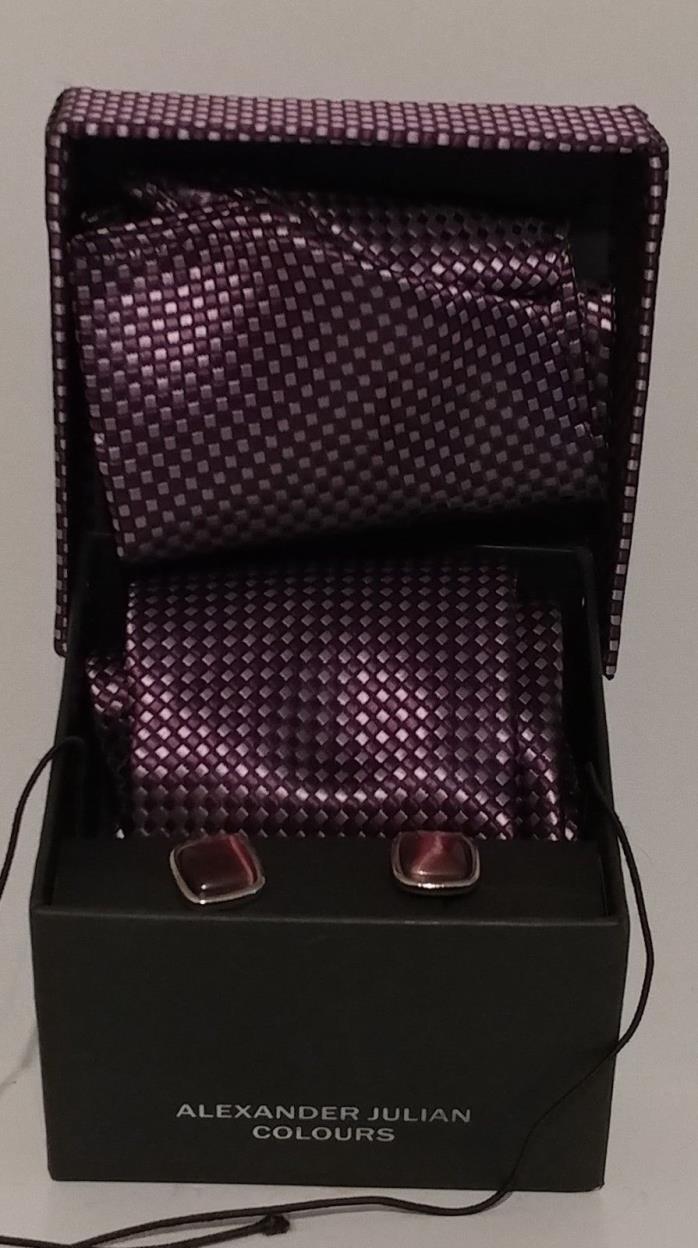NEW!! Alexander Julian Purple Tie, Pocket Square, Cuff Links