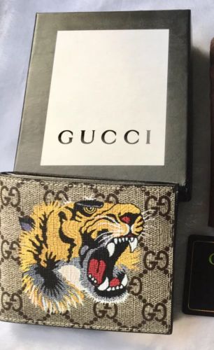 NEW Gucci Men's Beige GG Supreme Canvas Angry Bengal Tiger Bifold Wallet