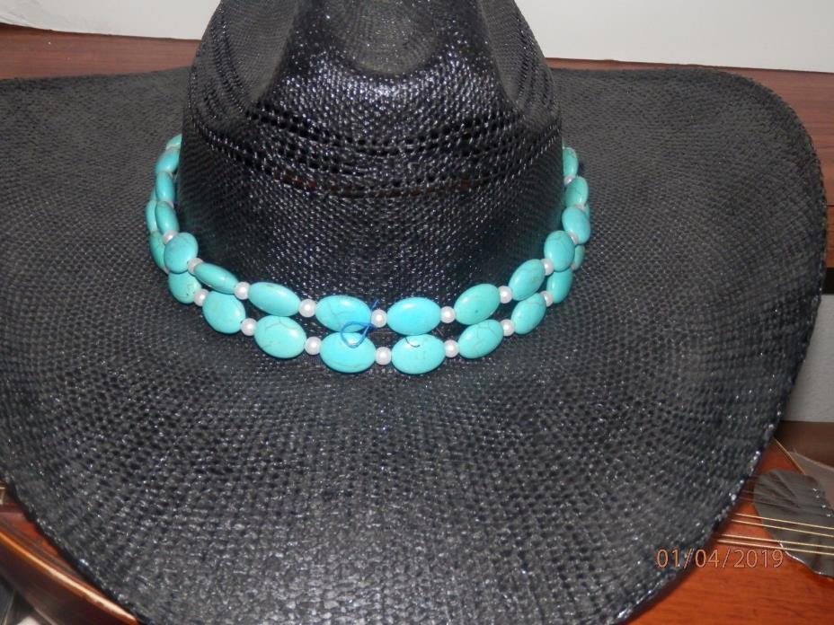Bull-hide black hills straw cowgirls hat with turquoise headband