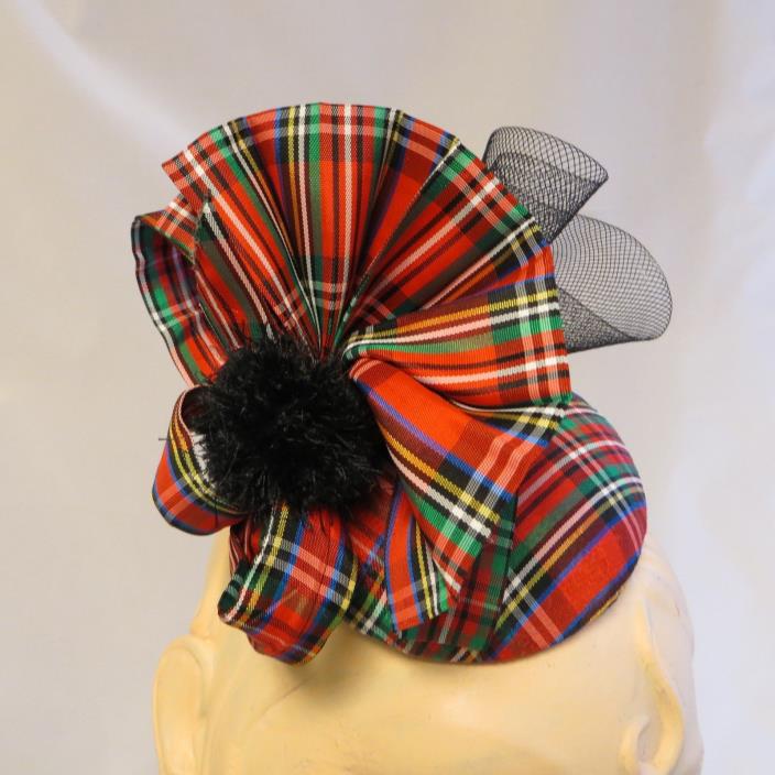 Hat Small Fascinator Hatinator Red Tartan Plaid Designed for an Updo ~ CLIP