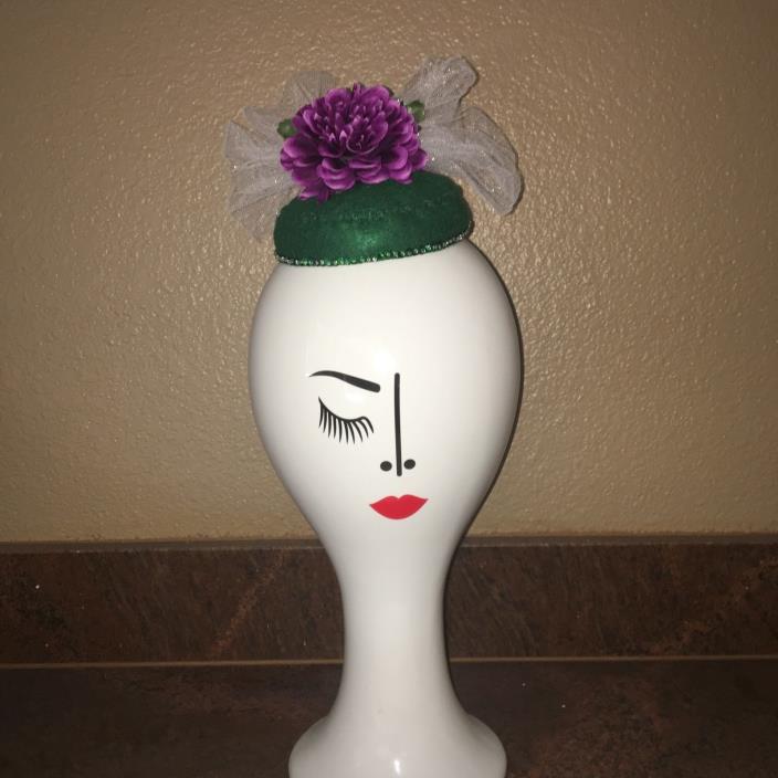 Dark Green & Purple Floral Pillbox Fascinator Hat with Sequins 