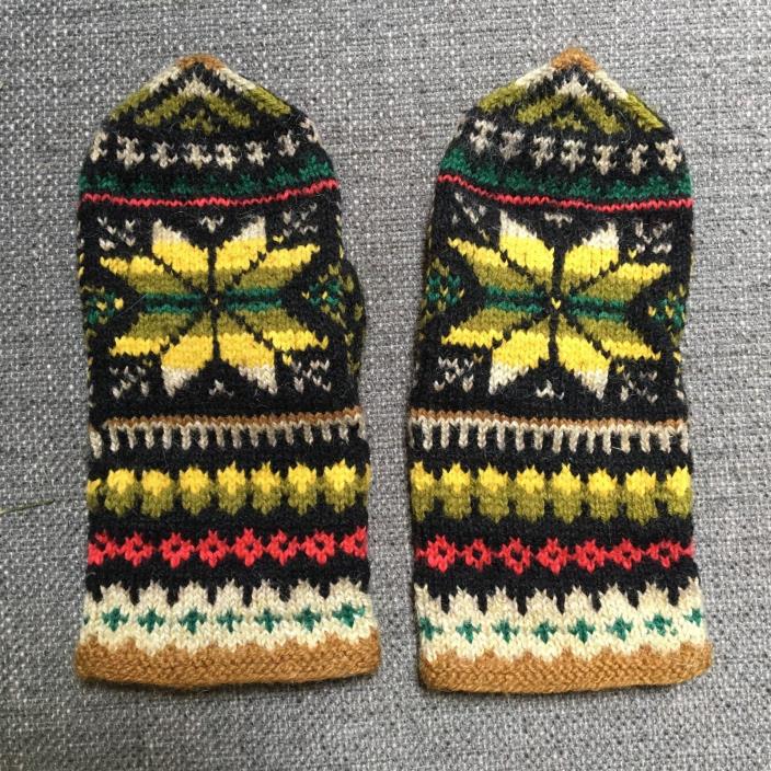 Vtg? Nordic Fair Isle Wool Knit Mittens Pointy Black Yellow Boho Women Handmade?