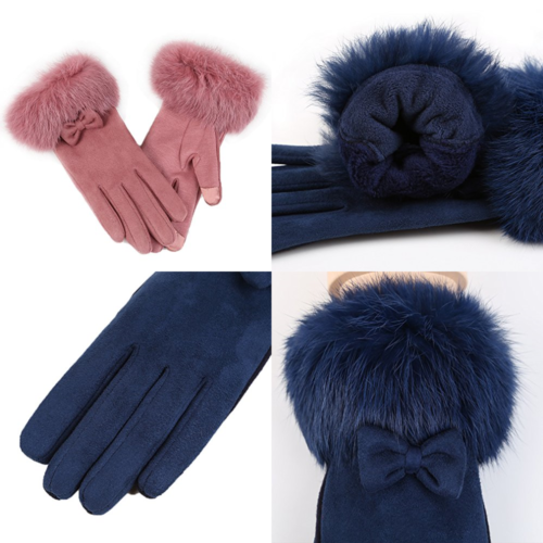 Womens Winter Chamois Leather Gloves W Fluffy Rabbit Fur Cuff Splicing Fleece Li