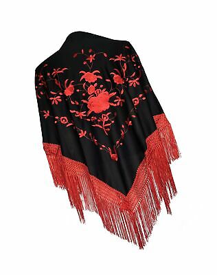 La Senorita Spanish Flamenco Dance Shawl black with red flowers and fringes