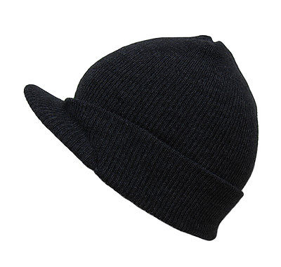 Knitted Soft Acrylic Winter Jeep Beanie Skully Cap with Visor CHARCOAL GREY