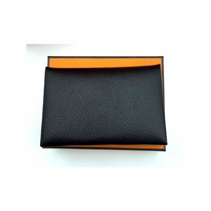 Hermes Calvi Epsom Noir Card Case Wallet Black Leather Business Card Holder NIB