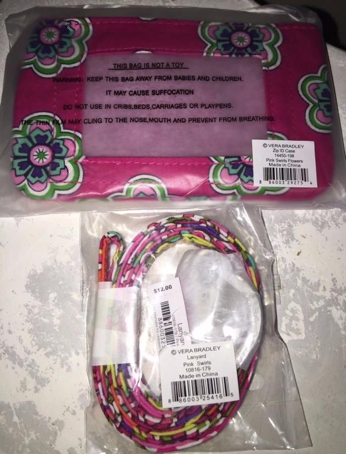 NWT VERA BRADLEY Zip ID Case PINK SWIRLS FLOWERS & Lanyard  PINK SWIRLS Sealed