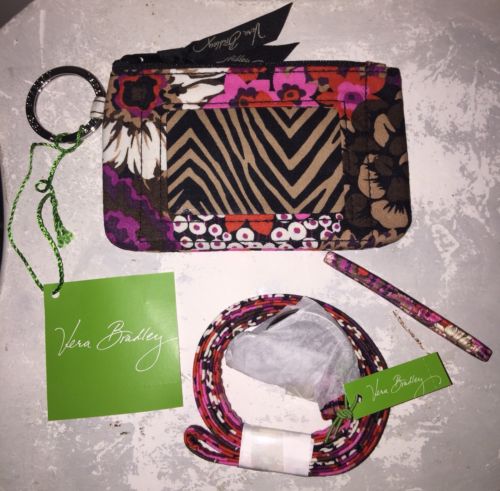 NWT VERA BRADLEY Zip ID Case & Lanyard ROSEWOOD Badge  Key Ring Sealed + Elastic