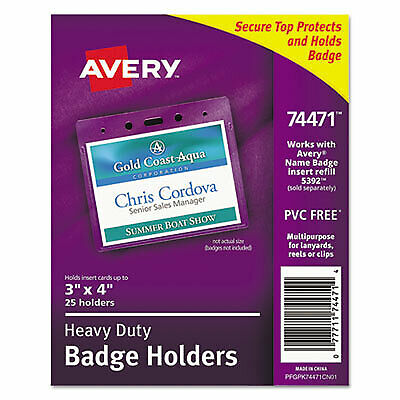 Secure Top Heavy-Duty Badge Holders, Horizontal, 4w x 3h, Clear, 25/Pack 74471