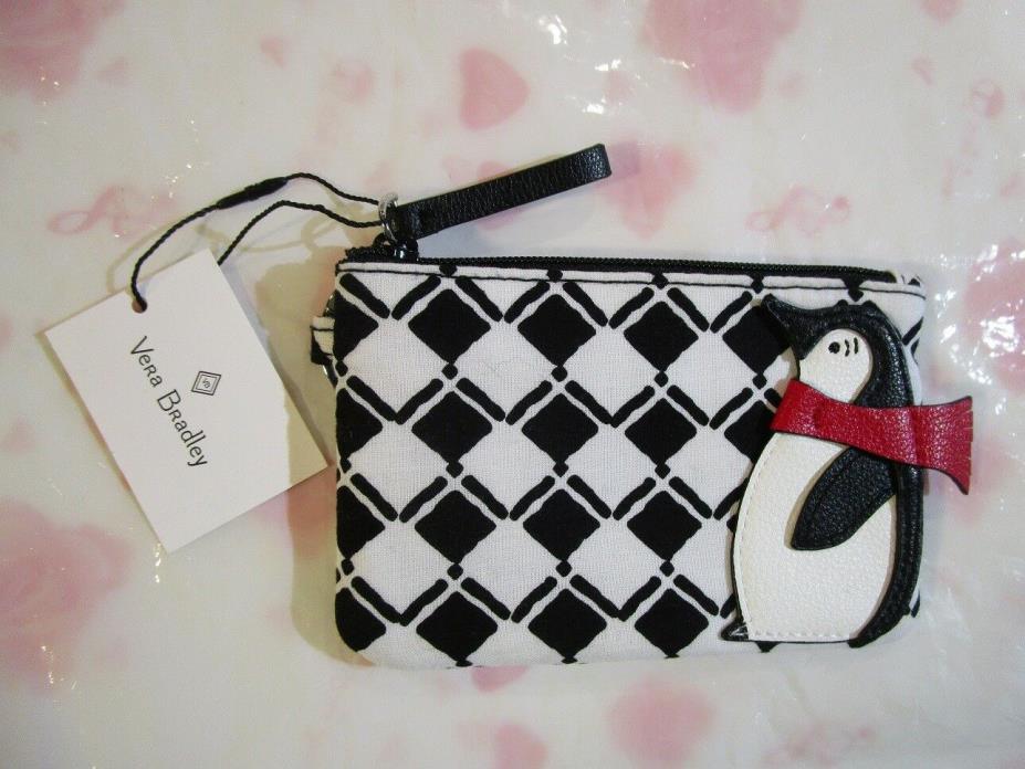 VERA BRADLEY Playful Penguin Check Novelty Zip ID Case Black White Red Scarf