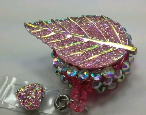 Pink long Leaf, belt clip  ID-Badge-Holder-Reel RhinestoneKay USA seller