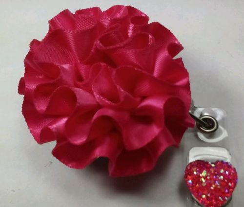 Rose Super Pink Ribbon Flower RhinestoneKay, Retractable ID Badge USA seller
