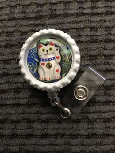 Maneki Neko Lucky Cat Inspired White Bottle Cap Retractable ID Badge Reel