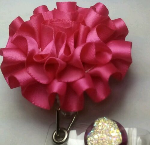 Hot Pink Ribbon Flower, Retractable ID Badge by RhinestoneKay, USA seller