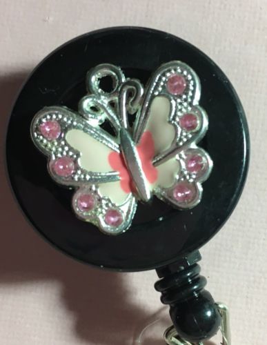 Retractable Badge ID & Charm - Pretty Pink Butterfly