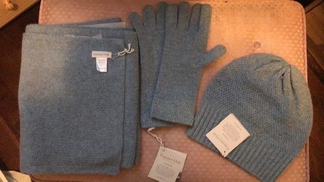 Garnet Hill CASHMERE Basketweave Hat, Scarf, gloves set arctic heather new with