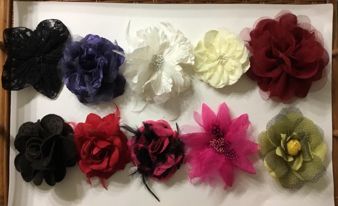 LOT FLOWER LAPEL PINS HAIR CLIPS SILK CLOTH FEATHERS