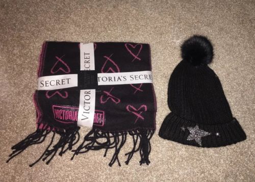 NWT VICTORIAS SECRET WINTER HAT AND SCARF BLACK Sparkling Stars And Pink Hearts