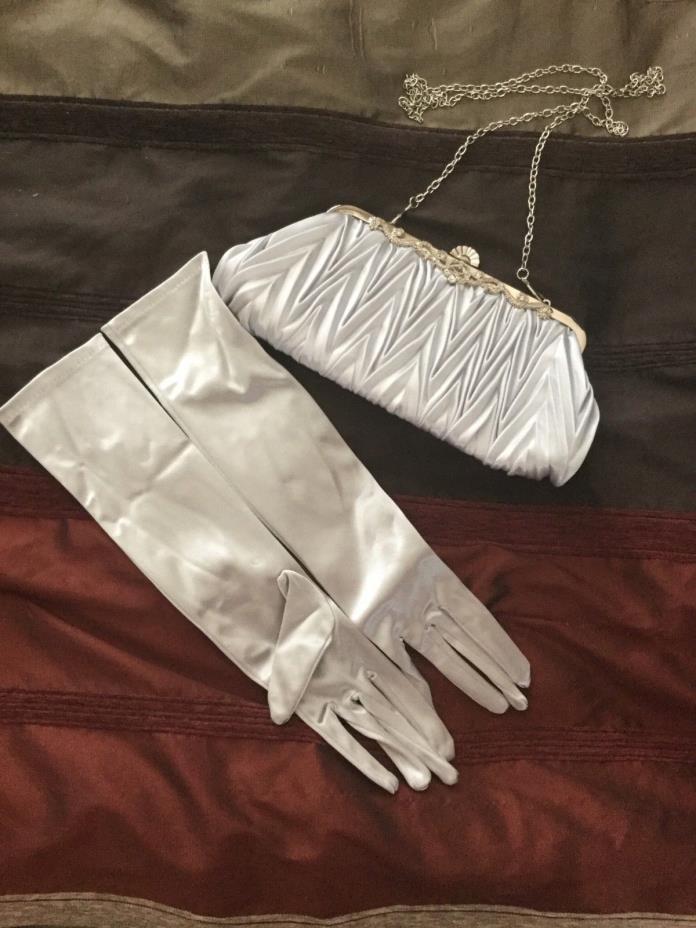 Satin Gloves, Clutch and Scarf Set, Silver, 3 Piece Set
