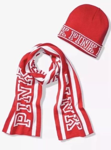 NEW Victoria's Secret PINK Red & White Logo Winter Scarf and Beanie hat Set NWT
