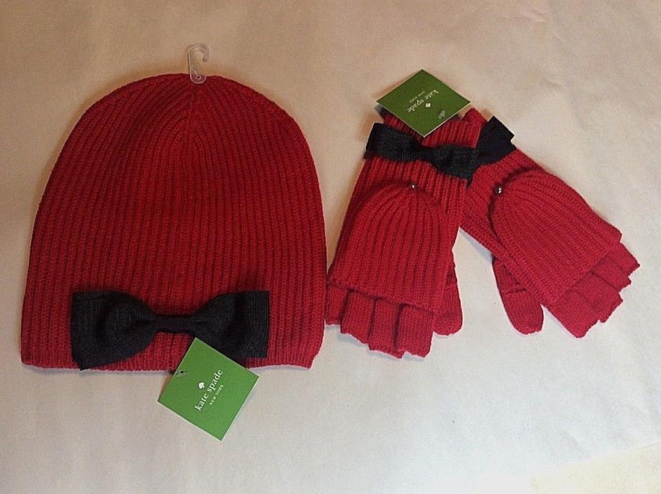 Kate Spade New York Winter Pop Top Warm Knit Mittens Gloves and Beanie Hat Cap