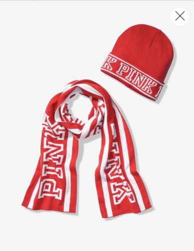 NEW Victoria's Secret PINK Red & White Logo Winter Scarf and Beanie hat Set NWT