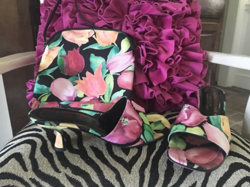 EUC! Donald Pliner Black Floral Crossbody Shoulder Bag & Kitten Heel Shoes 8.5