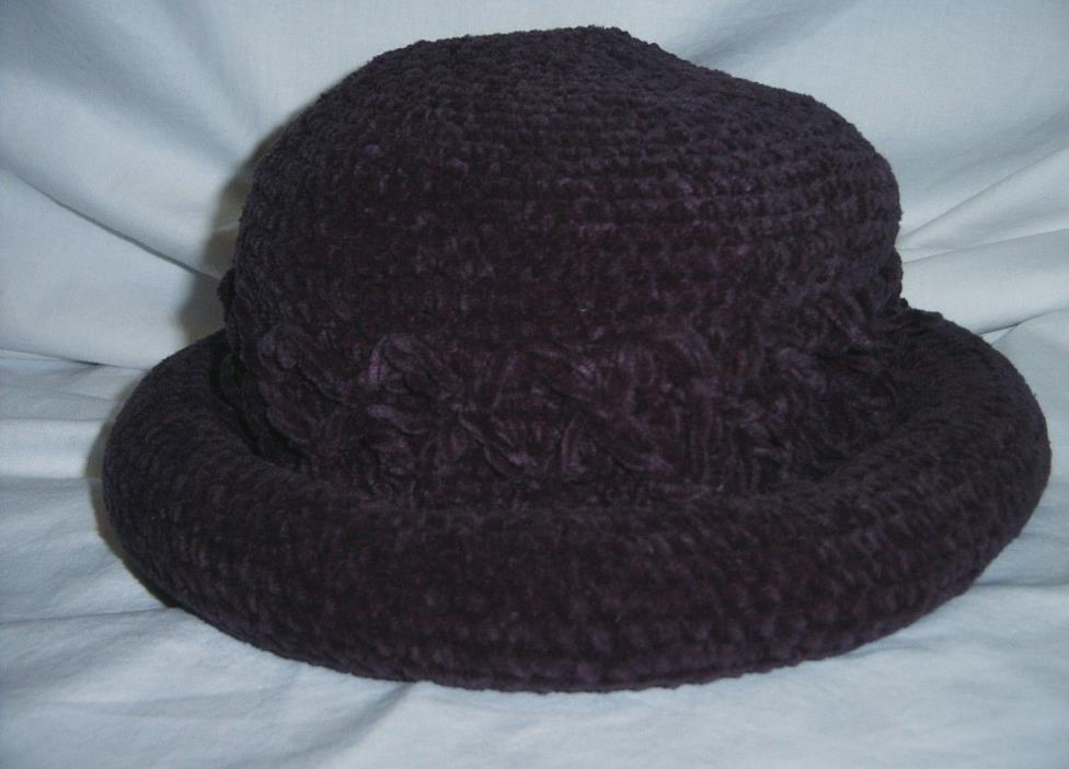 Purple Knitted Brimmed Hat & Long Black Cotton Gloves - One Size - Fits Most