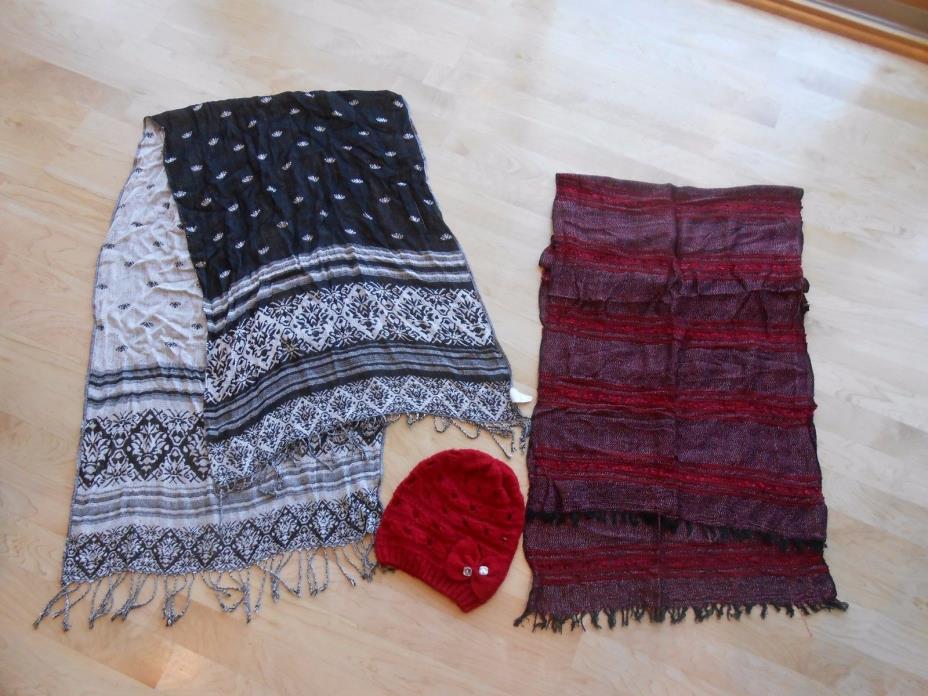 Red Apt 9 hat and 1 red and 1 black&white Christopher and Banks scarves