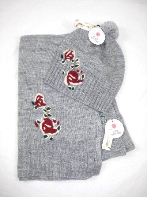 Womens Scarf Hat Set Studio Workshop Gray Multi Knit Wool Floral Embroidered