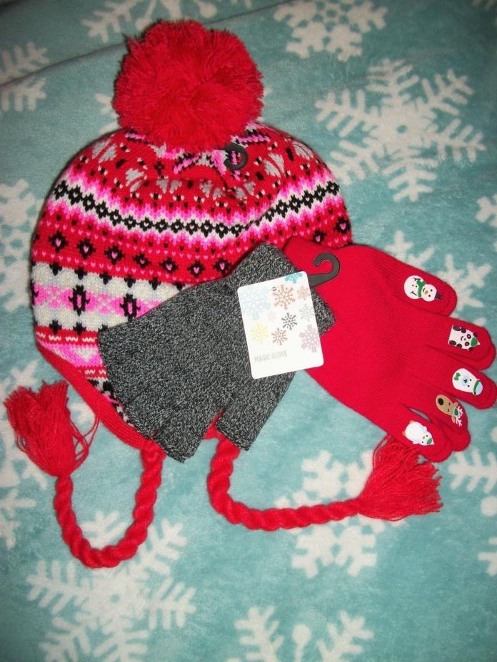 Christmas Holiday Character Tip Gloves (3-in-1 Set) & Ball Topped Tassel Hat Red