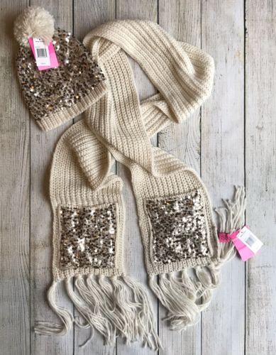 Betsey Johnson Cream Knitted Sequin Hand-warmer Scarf Hat Set NWT