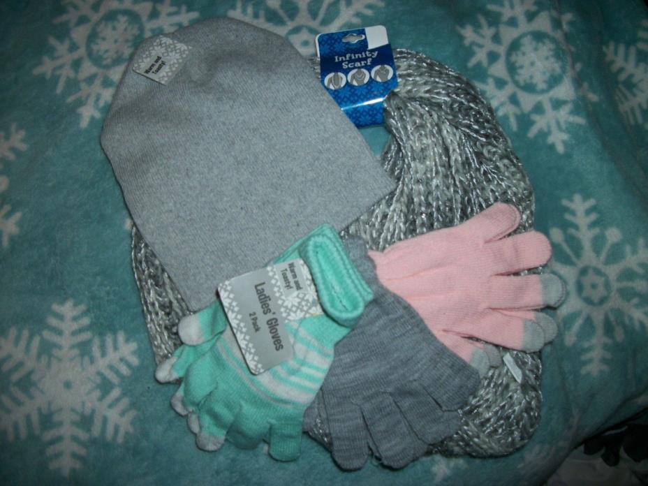 Hat & Infinity Scarf Set with 3 Pairs Gloves Pink Green & Gray Knit One Size