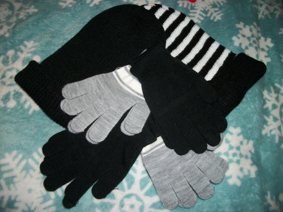 Lot 2 Hats Knit Stocking Caps with 4 Pairs of Gloves Gray Black Striped