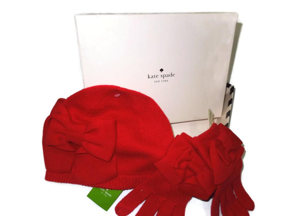 Kate Spade knit Red Dorothy Bow winter Gloves & Hat set in gift box retail $98