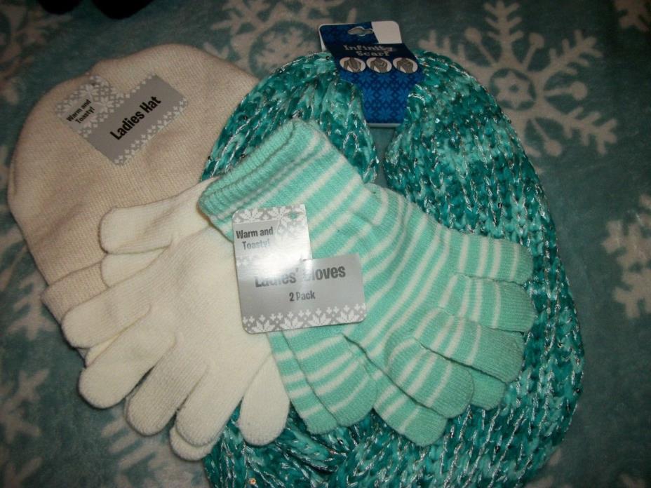 Hat & Infinity Scarf Set with 2 Pairs Gloves Mint Green & White Knit One Size
