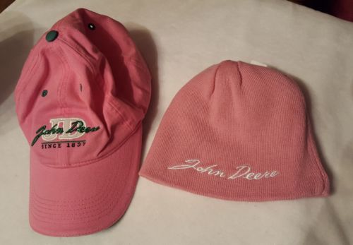 John Deere Ladies Hats (2) Cap Beanie Pink /Green Women OSFA Velcro Strap