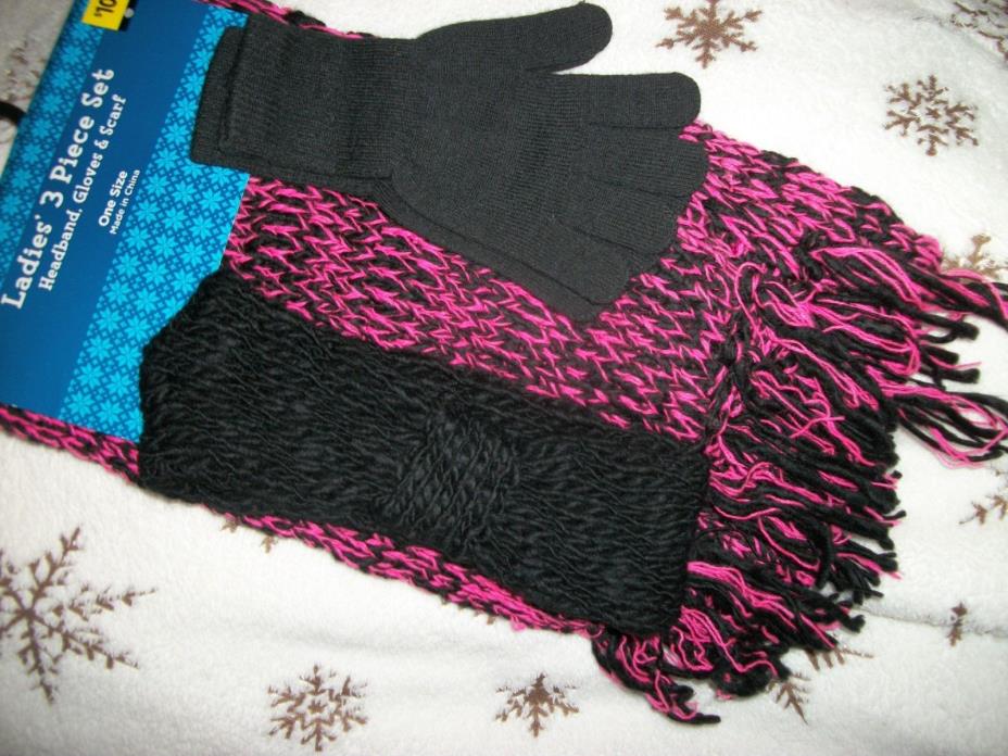 Ladies Headband Gloves and Scarf Set Pink Black Knit One Size Fits Most