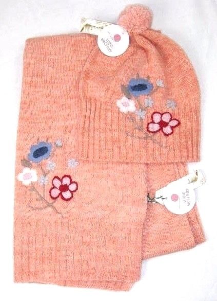 Womens Hat Scarf Set Studio Workshop Orange Multi Knit Wool Floral Embroidered