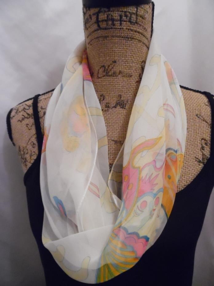 Women's 19 X 31 white, pink butterfly multi colored polyester infinity scarf