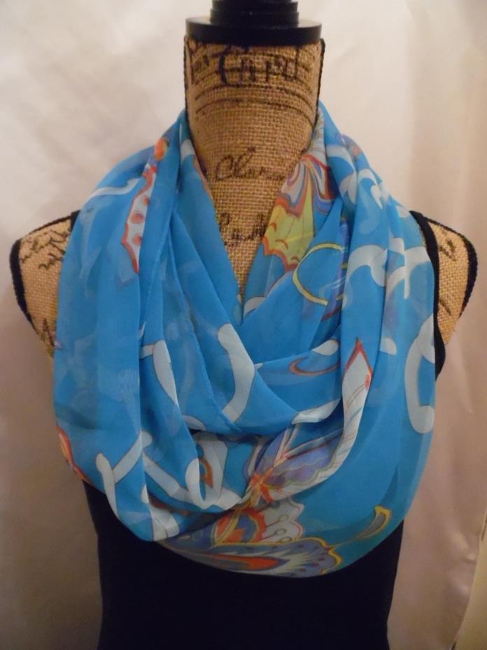 Women's blue 20 X 31 polyester orange multi colored butterfly infinity scarf