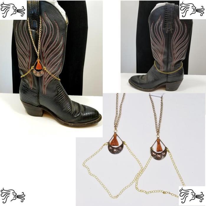 Two Pc Gold Orange Crystal Charm Tassel Boot Strap Bling Accessory Jewelry