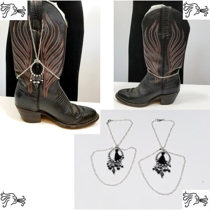 Two Pc Silver Black Charm Tassel Boot Strap Bling Accessory Jewelry Western