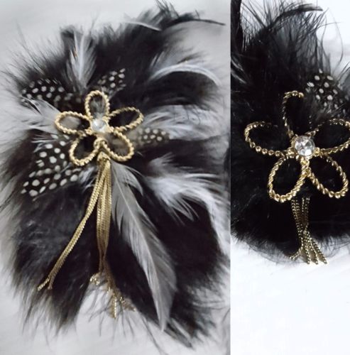 Shoe Clips & Brooch  Black Fox Fur & White Feathers  Gold Flower
