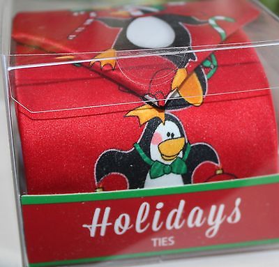 HOLIDAY CHRISTMAS MENS NECKTIE TIE RED HAPPY PENGUINS NEW BOX