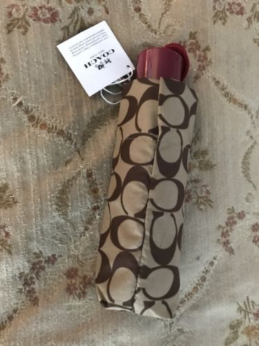 New Coach F63365 Mini Umbrella In Signature Brown/Pink New $65 MSRP