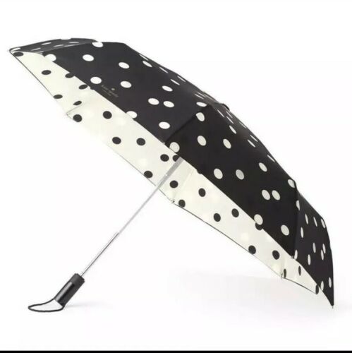 Kate Spade Black Polka Dot “Rain Check” Travel Umbrella W/ Auto Open & Close